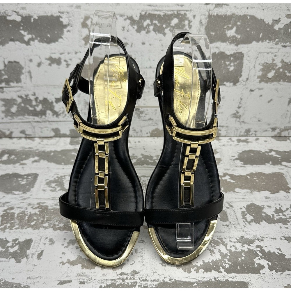Marc Fisher Maribel Sandals‎ Womens 7M Black Gold Details Flat Buckle Closure